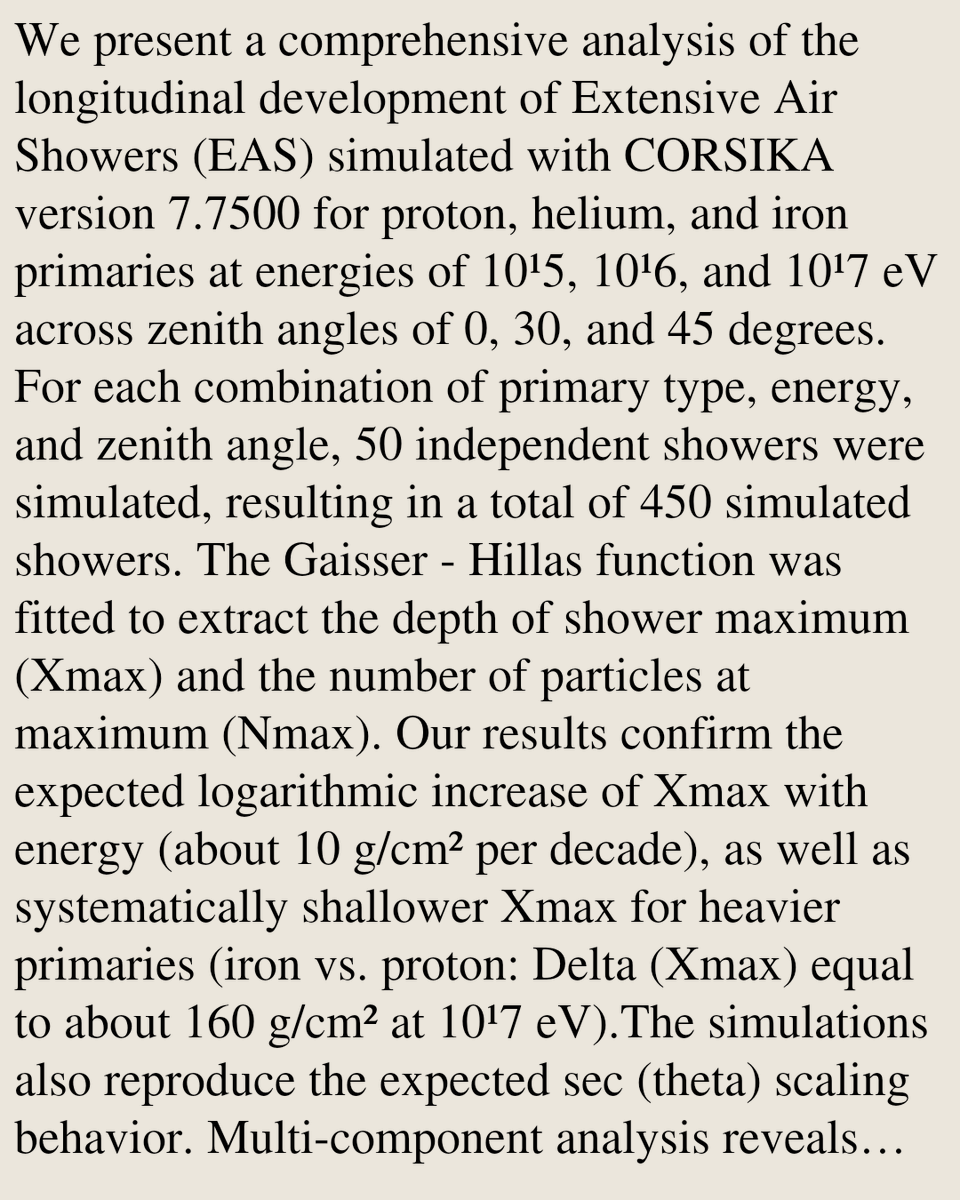 PRXI's tweet photo. Longitudinal Development Analysis of Extensive Air Showers Using CORSIKA Simulations

Ali A. Shihab, A. A. Al-Rubaiee
https://t.co/hWkdGRWiLF [𝚊𝚜𝚝𝚛𝚘-𝚙𝚑.𝙷𝙴]
💬Accepted in the Journal of Astrophysics and Astronomy https://t.co/0bdO7XUQCu