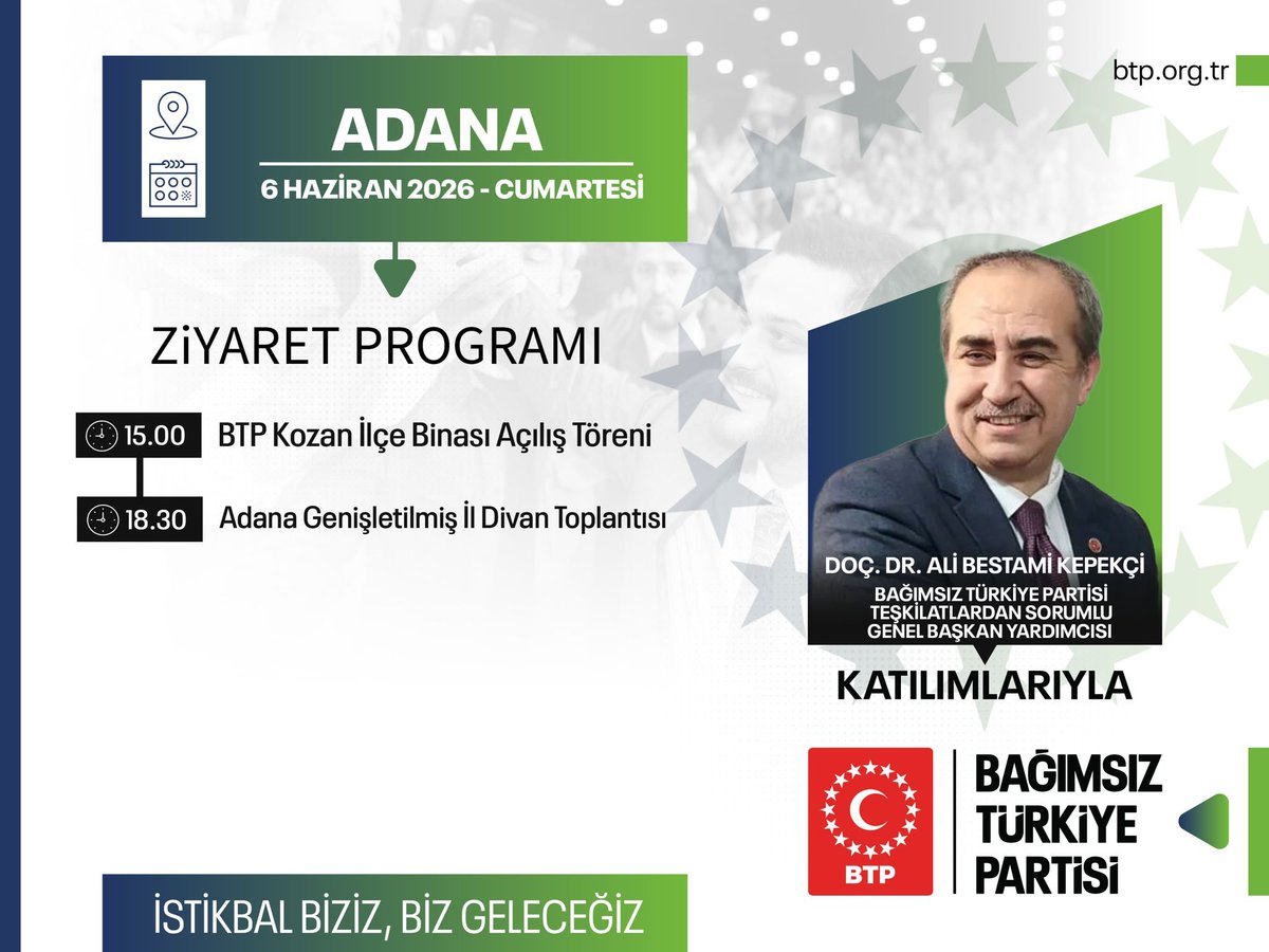 BTP_Parti's tweet photo. Teşkilatlardan Sorumlu Genel Başkan Yardımcımız Sn. Ali Bestami Kepekçi, bu hafta sonu gerçekleştireceğimiz program kapsamında; 6 Haziran Cumartesi günü Adana'da Kozan İlçe binamızın açılışını gerçekleştirecek. Ardından Adana Genişletilmiş İl Divan Toplantısını gerçekleştirecektir. 

Endişe yok, BTP var!