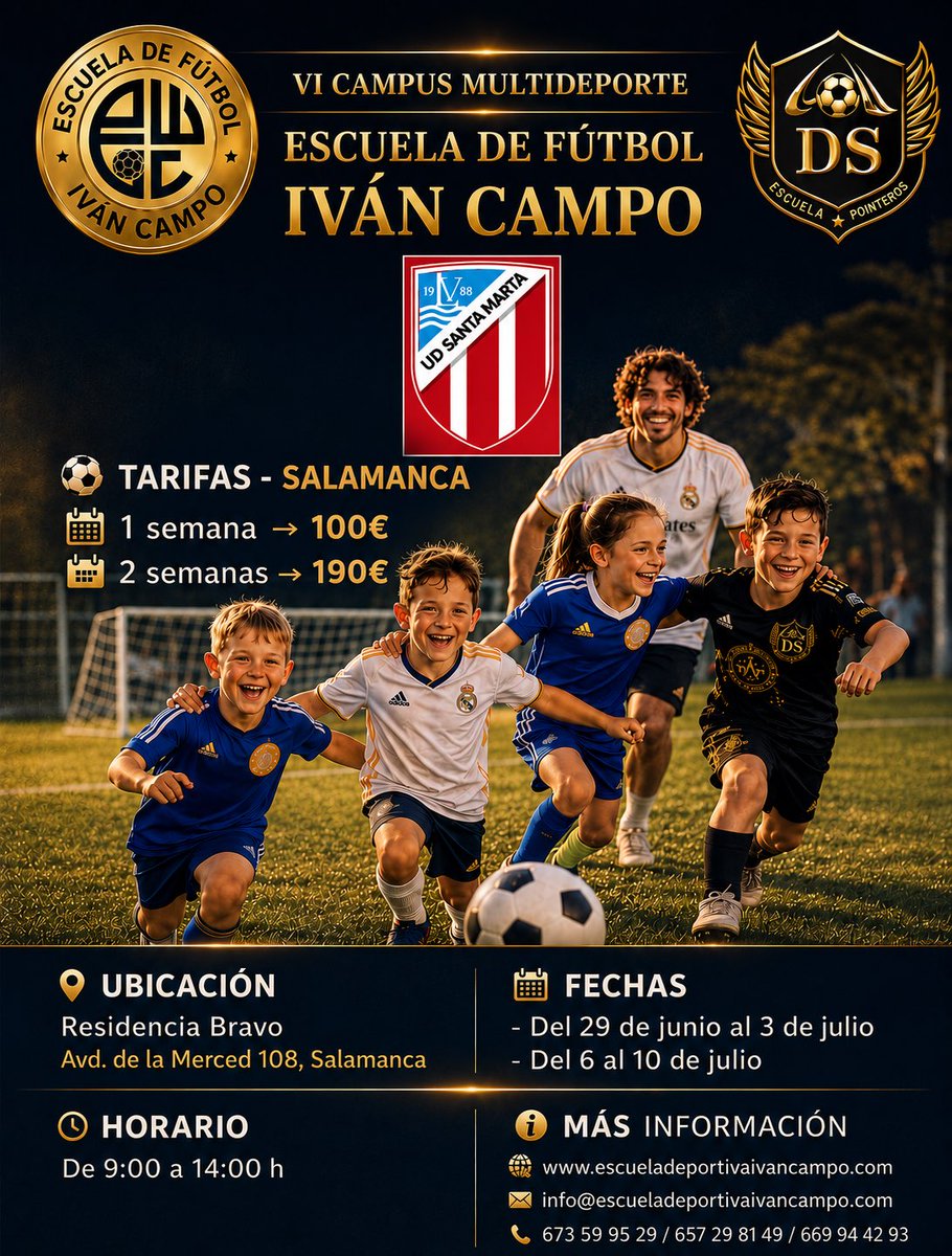 UDSantaMarta's tweet photo. 👨‍👩‍👧 ¿Buscas algo más que “entretener” a tus hijos este verano? 🌞 ¡Este verano no te lo puedes perder! 🌞

En el Campus Multideporte Iván Campo trabajamos:
✅ Valores deportivos
✅ Trabajo en equipo
✅ Diversión en un entorno seguro
🎯 Decídete y vive la experiencia con nosotros

Además:
🏀 Multideporte cada día, actividades, juegos y momentos inolvidables.
👨‍🏫 Monitores y entrenadores cualificados.
🤝 Nuevas amistades y recuerdos para siempre.
☺️ Diversión asegurada.
 
📅 Del 29 de junio al 10 de julio
⏰ Horario de 9:00h a 14:00h

↙️ ¡Inscripciones abiertas! 
💥Plazas limitadas 💥

📲 Reserva tu plaza aquí: https://t.co/OgGdYy2UBt
🏟️ Campo de Fútbol Alfonso San Casto en Santa Marta (Nacho)
📞  673 59 95 29 / 657 29 81 49

👉 Porque el verano también es para crecer

Plazo fin de inscripciones 18 de junio

#CampusSalamanca #DeporteYValores #Padres #VeranoNiños #Salamanca