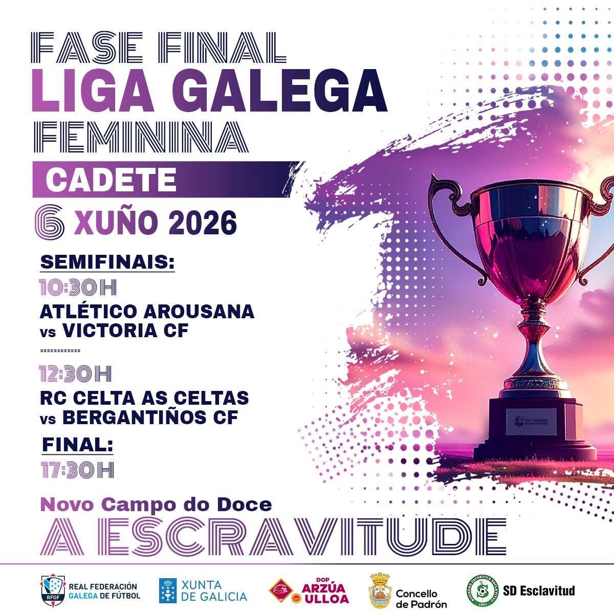 futgal's tweet photo. 🚨 𝐌𝐎𝐃𝐈𝐅𝐈𝐂𝐀𝐂𝐈𝐎́𝐍 𝐃𝐄 𝐇𝐎𝐑𝐀𝐑𝐈𝐎𝐒 | Fase final Liga Galega cadete feminina

Atendendo á solicitude dos clubs participantes a RFGF modifica os horarios da fase final da Liga Galega cadete feminina

🔗 https://t.co/bdQP6QFDpB https://t.co/341hHTpQ7c