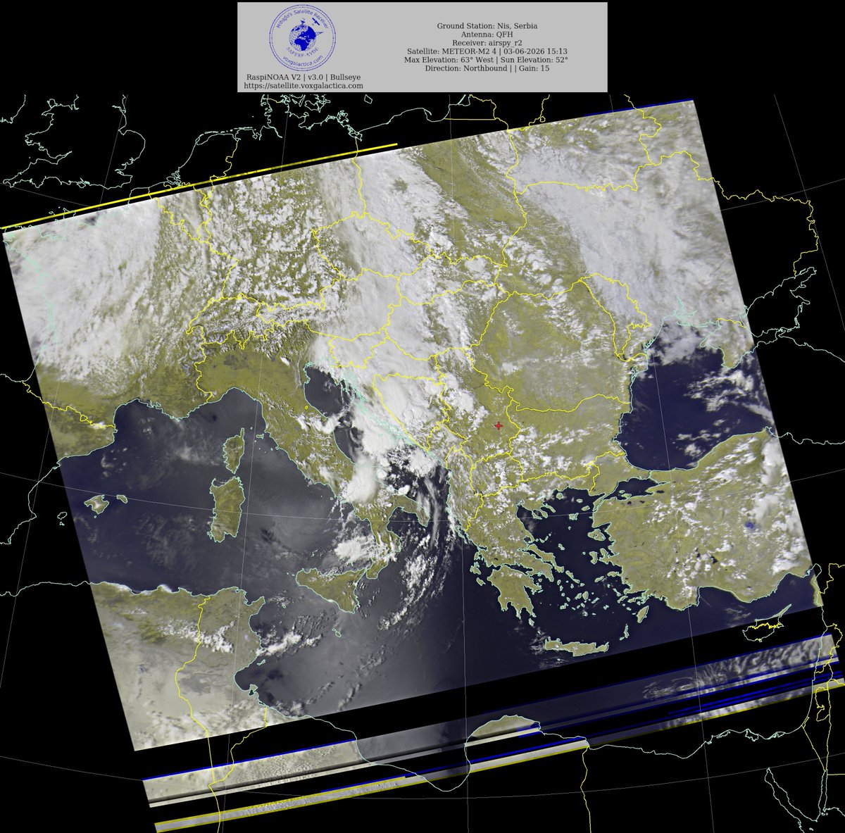 MihajloPi's tweet photo. 🇷🇸Ground Station: Nis, Serbia METEOR-M2 4 03-06-2026 14:57 CEST  Max Elev: 63° W Sun Elevation: 52° Gain: 15 | Northbound

#NOAA #NOAA15 #NOAA18 #NOAA19 #MeteorM2_3 #MeteorM2_4 #weather #weathersats #APT #LRPT #wxtoimg #MeteorDemod #rtlsdr #gpredict #raspberrypi #RN2 #ISS https://t.co/weDHjGvrHw