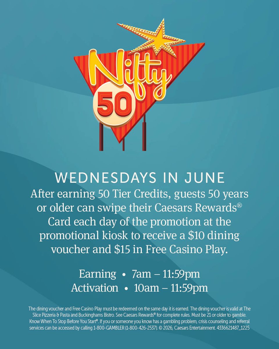 GVC_Elgin's tweet photo. Caesars Rewards members ages 50 and above can earn Free Casino Play AND a Dining Voucher after earning 50 Tier Credits. https://t.co/BcqAYb12vC