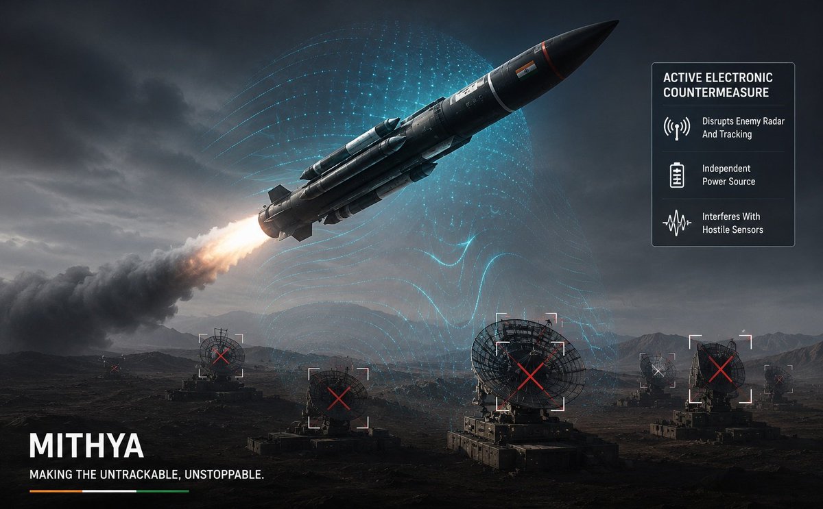 TheMilObserverr's tweet photo. India is quietly developing a new electronic warfare system for its strategic missile force. 🇮🇳

MITHYA, the system is designed to make Indian missiles harder to track and intercept.

And that could become a major challenge for future missile defence shields 👇

• MITHYA is being developed as an active electronic countermeasure system
• It is designed to disrupt enemy radar and missile defence tracking
• The system carries its own independent power source
• Unlike simple decoys, MITHYA appears to actively interfere with hostile sensors
• Deployment and qualification hardware are already under evaluation
• The programme is reportedly linked to India's advanced strategic missile ecosystem

Range is only half the equation.

A missile must also survive modern radar networks, tracking systems and interceptors.

That is why countries are investing heavily in penetration aids and electronic warfare.

The future of missile warfare may not be about flying farther.

It may be about staying invisible for longer.