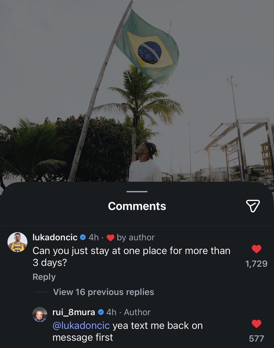 BrasilAD's tweet photo. Rui Hachimura postou uma foto aqui no Brasil.

Aí o Luka Doncic nos comentários: "Cara, você consegue ficar em um lugar por mais de 3 dias?"

KKKKKKKKKKKKKKKKKKKKKKKKK https://t.co/TIYOpaB80j