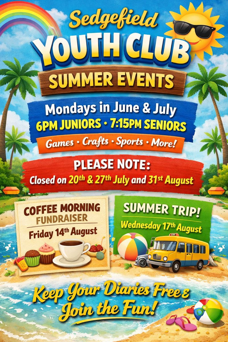 SedgefieldTC's tweet photo. Looking for ideas for the school summer holidays?  Why not check out Sedgefield Youth Club's Summer Events  https://t.co/INVeCNKv3b https://t.co/IagySGbZlE