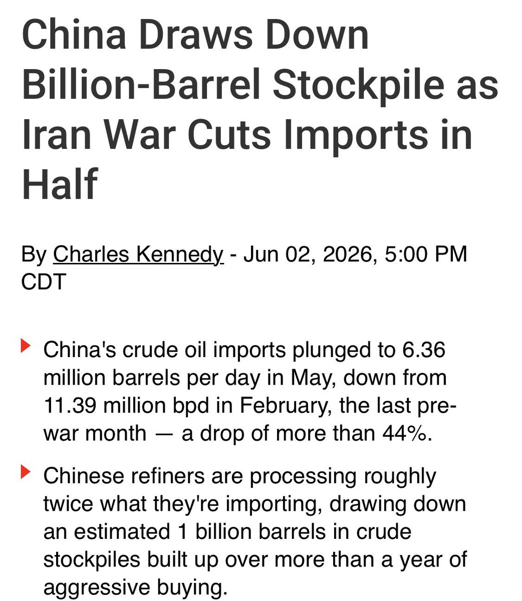 zriboua's tweet photo. An Iran that is outside of the U.S. financial and security system is crucial for China. 

"China's crude oil imports plunged to 6.36 million barrels per day in May, down from 11.39 million bpd in February, the last pre-war month — a drop of more than 44%.

China's inventories will not last forever. And chances are Beijing would not want to see them depleted like the U.S. SPR, which means later in the year Chinese buyers will start reversing the import decline. Where prices would go then remains to be seen."