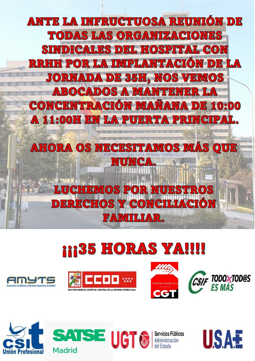 CcooUlla's tweet photo. La Administración nos ha dicho que no puede implementar la jornada efectiva y real de 35h en la mayor parte del hospital. 

Desde CCOO hemos exigido que cumplan la normativa, que adapten el calendario a las 35h, ya que tienen hasta diciembre para compensar las horas anuales. https://t.co/rT7XeeEPOE