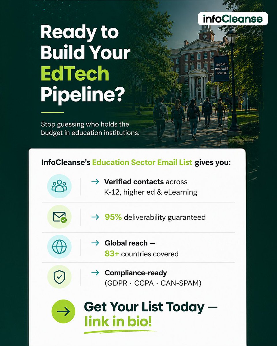 InfoCleanseTeam's tweet photo. Need verified education sector contacts?

Reach curriculum directors, IT heads, and procurement leaders across K-12, higher ed.

InfoCleanse Education Sector Email List helps you connect faster with the right decision-makers. 

https://t.co/aOBQg89BCn 

#LeadGeneration #B2BSales https://t.co/SPCa8MEi1m