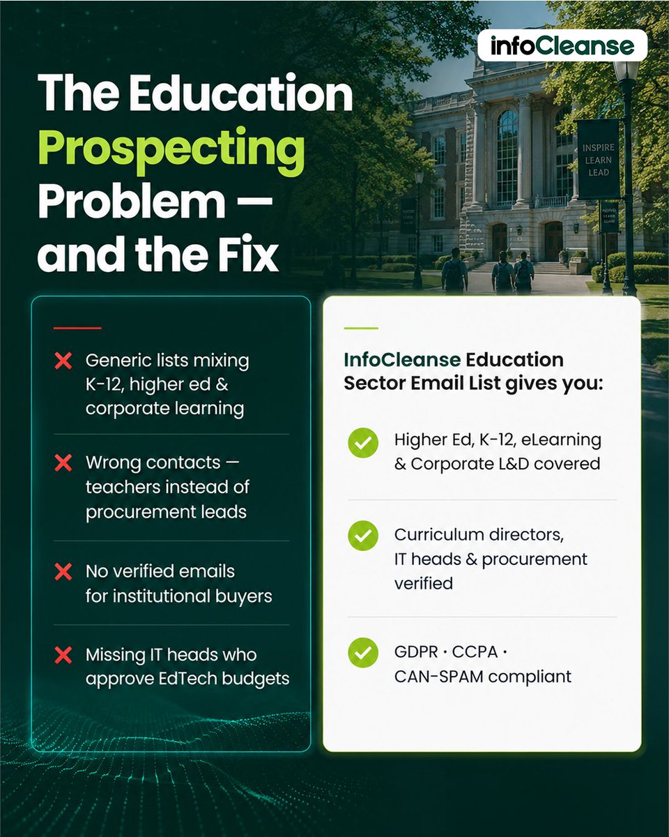 InfoCleanseTeam's tweet photo. Need verified education sector contacts?

Reach curriculum directors, IT heads, and procurement leaders across K-12, higher ed.

InfoCleanse Education Sector Email List helps you connect faster with the right decision-makers. 

https://t.co/aOBQg89BCn 

#LeadGeneration #B2BSales https://t.co/SPCa8MEi1m