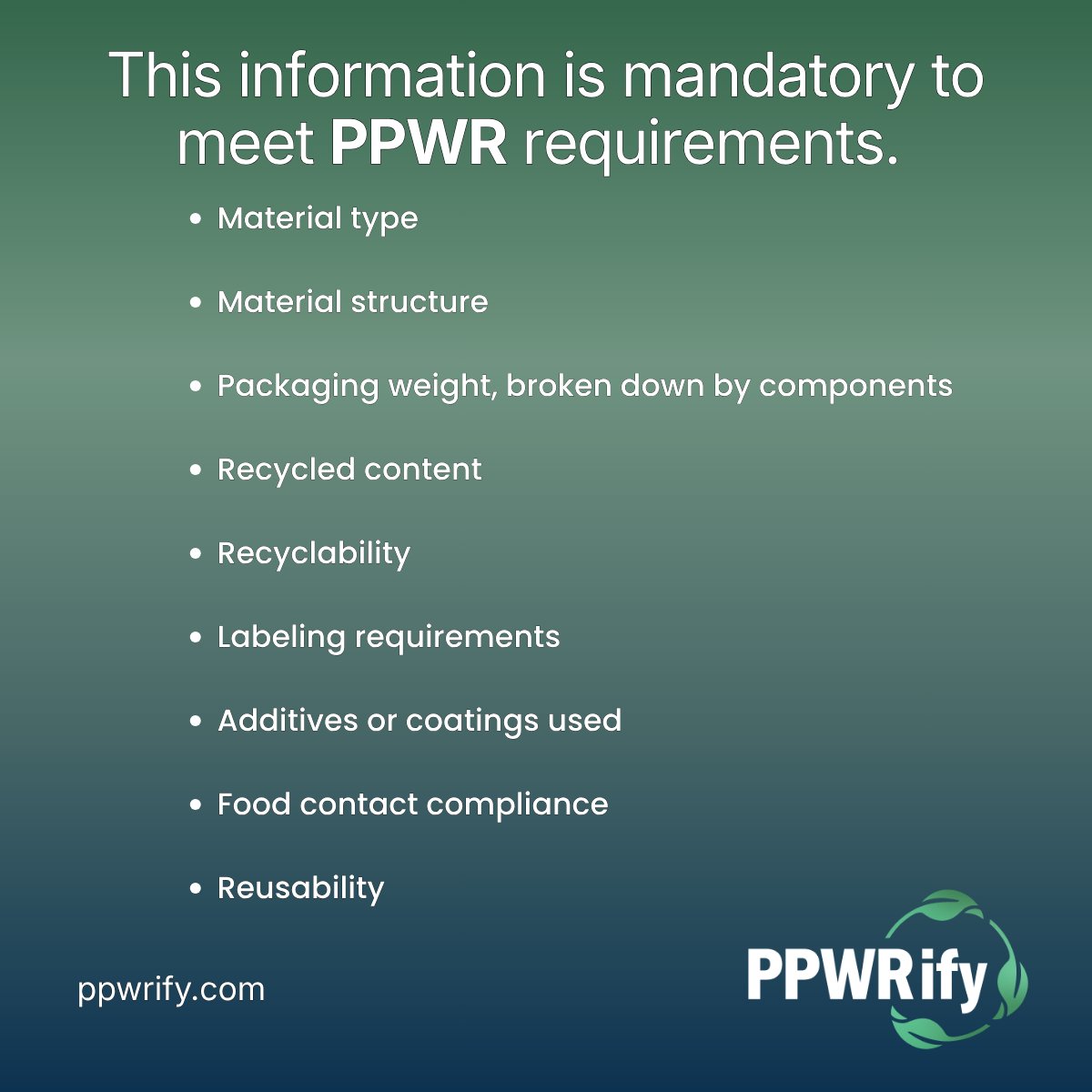 PPWRify's tweet photo. A complete product data sheet is essential for #PPWR compliance ♻️

Key info includes:
✅ Material type &amp; structure
✅ Packaging weight
✅ Recycled content

Missing data can create compliance risks, fines, &amp; even sales bans.

Get ready with PPWRify: https://t.co/RTYY8gXQKX https://t.co/39diLThox4