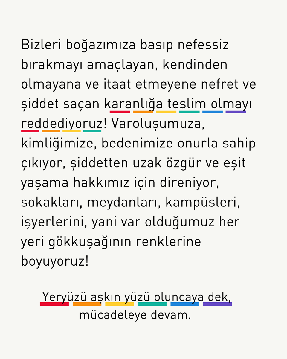kadinih's tweet photo. Gökkuşağının tüm renkleriyle varoluşumuzu; bedenlerimizi, aşklarımızı ve neşemizi kutladığımız Onur Ayımız kutlu olsun! 🌈

Yeryüzü aşkın yüzü oluncaya dek, mücadeleye devam. https://t.co/qRbRy6dAsS