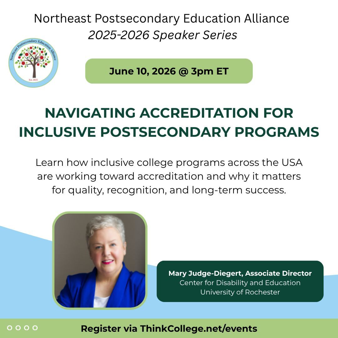 ICInclusion's tweet photo. Join NEPSEA and Mary Judge Diegert on June 10 @ 3 PM ET to learn how #InclusiveCollege programs across the US are working toward accreditation and why it matters for quality, recognition, and long-term success. Register: https://t.co/tSqrUFNN6p https://t.co/nXMvgkowJW