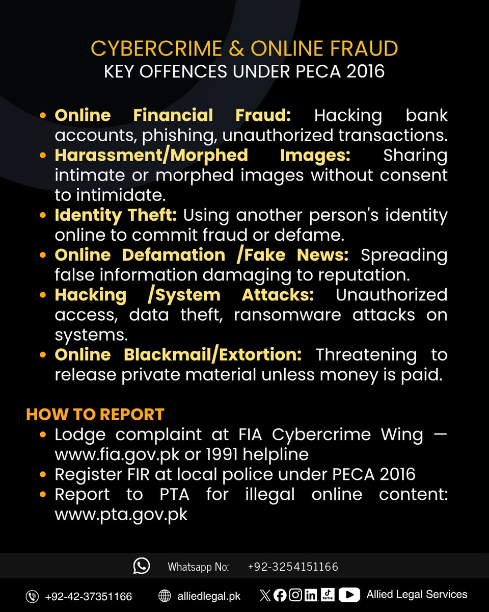 AlliedLegalpk's tweet photo. CYBERCRIME & ONLINE FRAUD: KEY OFFENCES UNDER PECA 2016
سائبر کرائم اور آن لائن فراڈ
.
#CybercrimePakistan #PECA2016 #OnlineFraud #CyberSecurity #FIAcybercrime #DigitalRights #LegalAwareness #KnowYourRights #InternetSafety #OnlineScams #pakistanlawyers #Pakistan https://t.co/zS50yaJFKN