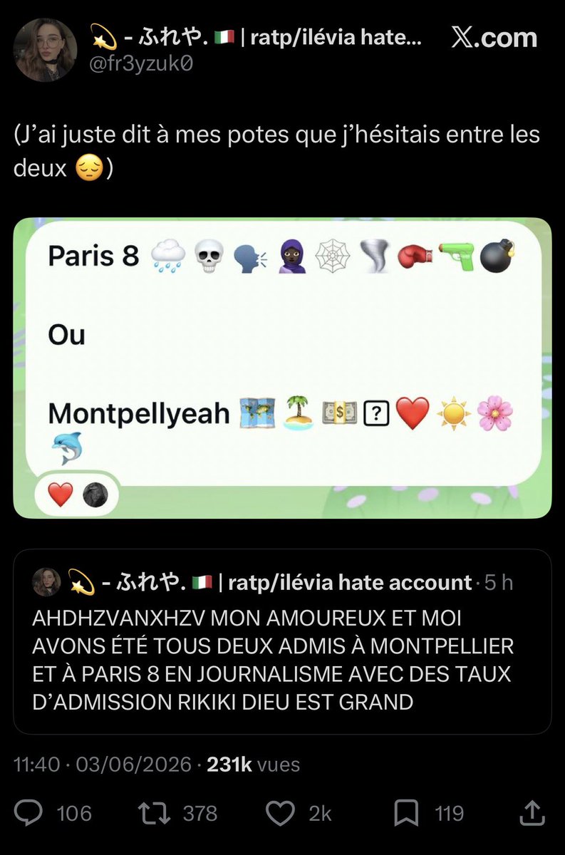 daruma445e's tweet photo. Bonjour @CSactu  @VSpillebout votre journaliste/stagiaire @fr3yzuk0 (Louhane.P) s’amuse à poster des messages ouvertement racistes et islamophobes en comparant deux facultés et on y incorporant des emojis péjoratifs avec une femme voilée noire, une arme et une bombe. https://t.co/nECJOSuQDz