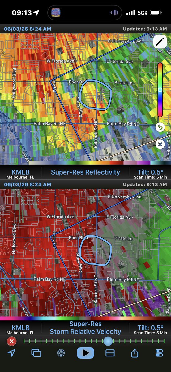 realTimB's tweet photo. 2 interesting “spins” this morning on radar from the Melb/PB area. 1st image near the Melb/PB line. 2nd between Grant and Barefoot Bay. Possible weak (EF-0) tornadoes? That’s for the experts at @NWSMelbourne to determine, pending any damage reported. Regardless, gusty storms https://t.co/iPRj1tjqqv