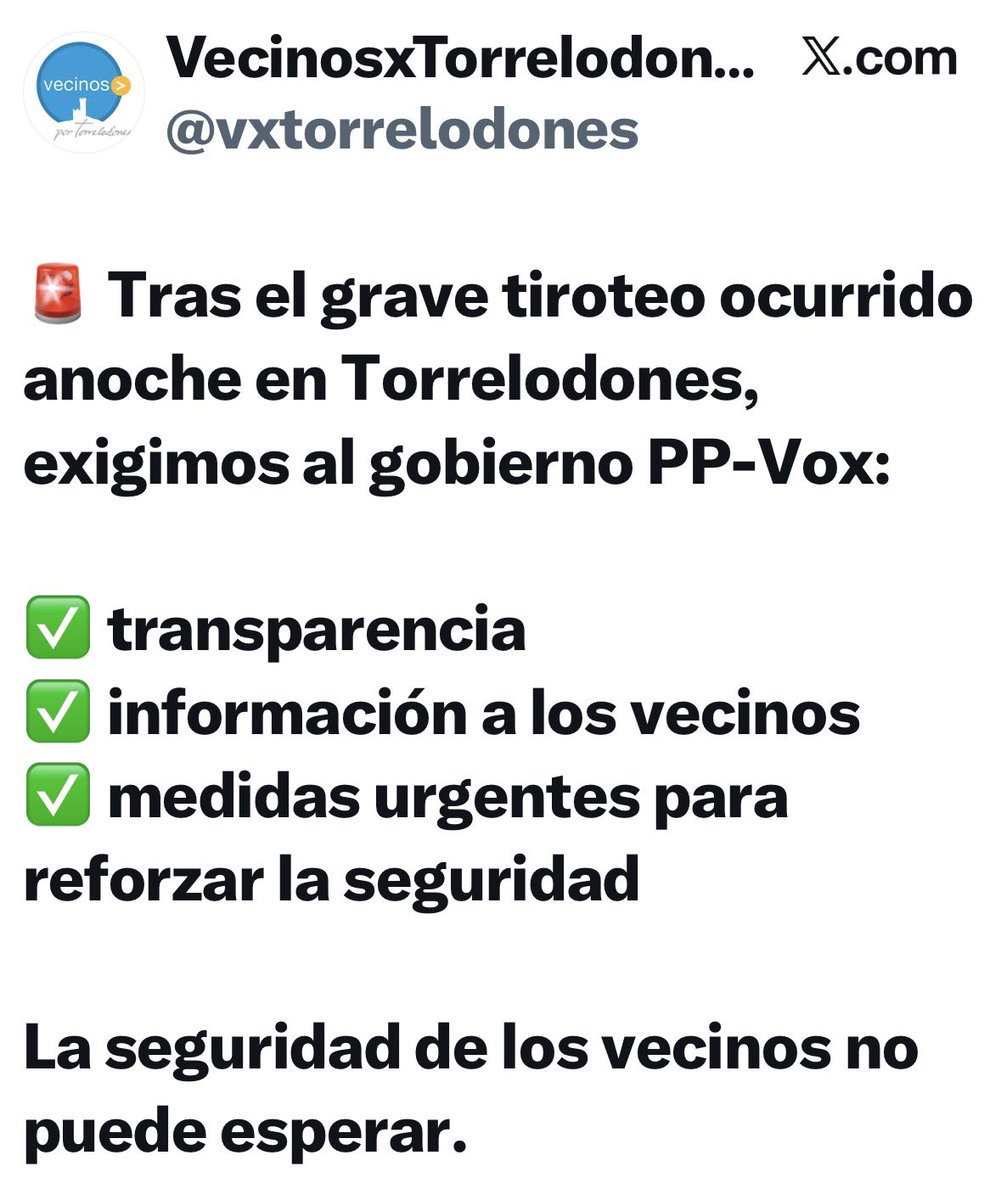 VOX_Torrelodone's tweet photo. Vecinos por Torrelodones, menos propaganda y más rigor.

1️⃣ VOX no dirige la Concejalía de Seguridad.
2️⃣ El PP lleva desde 2024 negándose a negociar los presupuestos con VOX.
3️⃣ Si hoy faltan patrullas, la responsabilidad es de quien gobierna: el PP.
@vox_es 
#seguridad https://t.co/q1BjUUhPzw