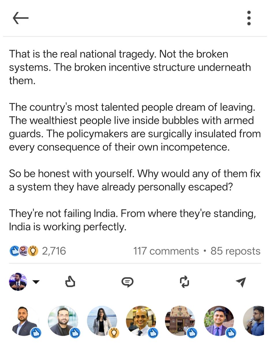 arunpudur's tweet photo. ⚡ This post went viral on LinkedIn. (Read the screenshots of his post).

This guy works in the likes of Netflix & Prime Video - this tells you everything you need to know why foreign OTT fund horrible Poverty Porn against India to push their agenda. 

The problem with this post is not that it highlights India's challenges. Every country has challenges.

The problem is that it presents uniquely Indian problems as if they don't exist elsewhere.

Let's apply the same logic to America.

Americans escape failing public schools with private schools.

They escape crime with gated communities.

They escape homelessness by avoiding entire city blocks.

They escape drug epidemics by moving to other countries.

They escape medical bankruptcy with expensive insurance.

They escape decaying infrastructure by living in wealthier zip codes.

They escape violence by hoping your child's school is not the next headline.

By this standard, the American Dream is also to 'Escape America'.

The same India being described as a hopeless failure is producing global CEOs, world-class founders, engineers, scientists, and doctors. It built digital public infrastructure that many governments are now studying. It remains the fastest-growing major economy despite starting from a far lower base than the West.

What this post conveniently ignores is that India added hundreds of millions of bank accounts, dramatically expanded electrification, sanitation, roads, airports, internet access, and financial inclusion within a single generation.

It also ignores a simple fact:

If India were such an unlivable disaster, why are global corporations competing aggressively for Indian talent? Why are companies moving supply chains to India? Why are investors pouring billions into Indian businesses?

The reality is that every large nation has inequality. Every large nation has public service gaps. Every large nation has elites who can buy better outcomes.

The difference is that India's shortcomings are endlessly amplified, while Western failures are treated as exceptions.

America has a fentanyl epidemic, a homelessness crisis, crumbling infrastructure in many cities, healthcare costs that bankrupt families, over $36 trillion in national debt, and school shootings that would be front-page global scandals anywhere else.

Yet nobody writes, "The American Dream is to escape America."

Criticising problems is healthy. Indians do it every day.

Pretending India is uniquely broken while ignoring the mounting structural challenges across the West is not analysis. It's a narrative.

The American century was built on industrial dominance, demographic strength, and the privilege of issuing the world's reserve currency. The first two are finished, and the third is increasingly being questioned.

India has problems to solve. Every serious Indian knows that.

But betting against India's trajectory in 2026, while recycling the same pessimistic script that has been wrong for decades, looks increasingly like betting against reality.