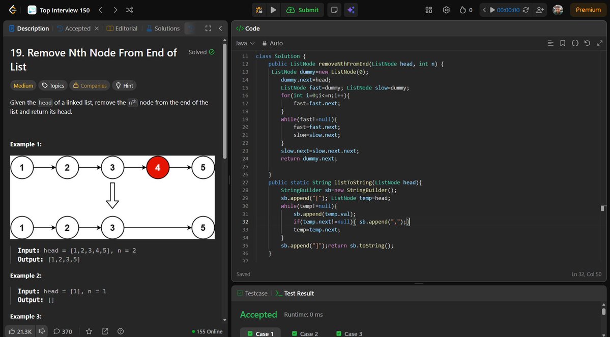 Ankitdotdev's tweet photo. Day 152/365 of the DSA grind! 
Wrapping up Linked Lists today!

• Remove Nth Node From End: Used a Fast/Slow pointer gap to find the target in exactly one pass.
• Remove Duplicates II: Dummy node + skipping entire chunks of clones.
• Rotate List: Connected the tail to the head to make a circular list, then just snipped it at the new pivot point! O(N) magic.

#DSA #Java #100DaysOfCode #LeetCode #LinkedLists