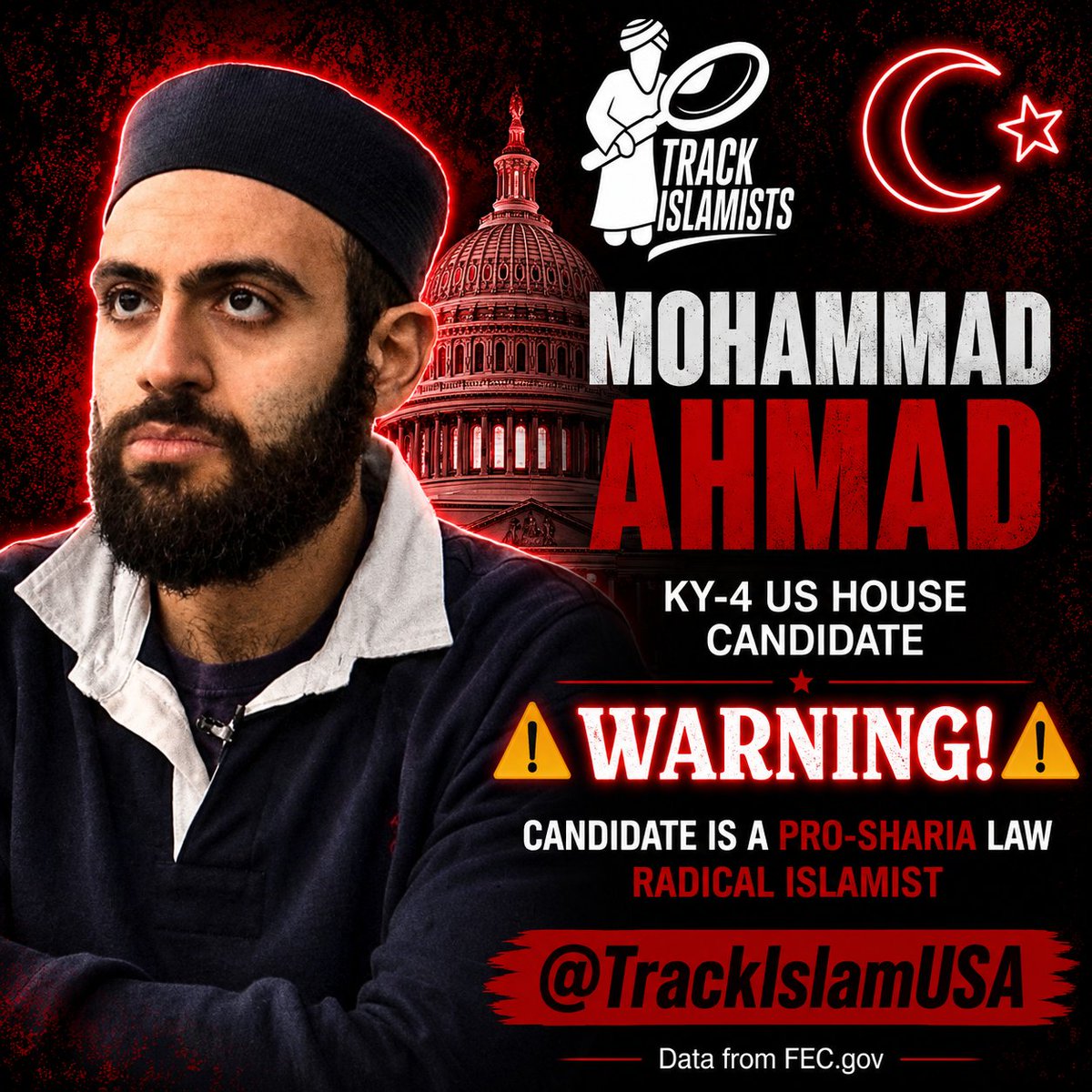 TrackIslamUSA's tweet photo. 🟥 A Radical Islamist candidate, Mohammad Ahmad, has entered the KY-4 US Congressional race. Although his fundraising numbers aren't available yet, he's a Radical Islamist, &amp; that alone makes him red card territory. https://t.co/suHNvYxioE