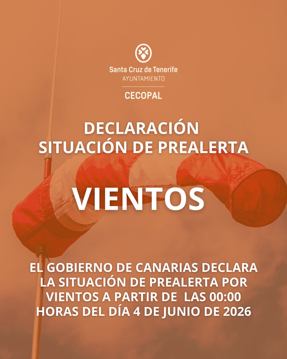 CECOPALSC's tweet photo. 🇮🇨 El Gobierno de Canarias, a través de la Dirección General de Emergencias, ha declarado la situación de prealerta por vientos a partir de las 00:00 horas de este jueves, 4 de junio 🗓️ @santacruz_ayto https://t.co/ffhLazF7uY