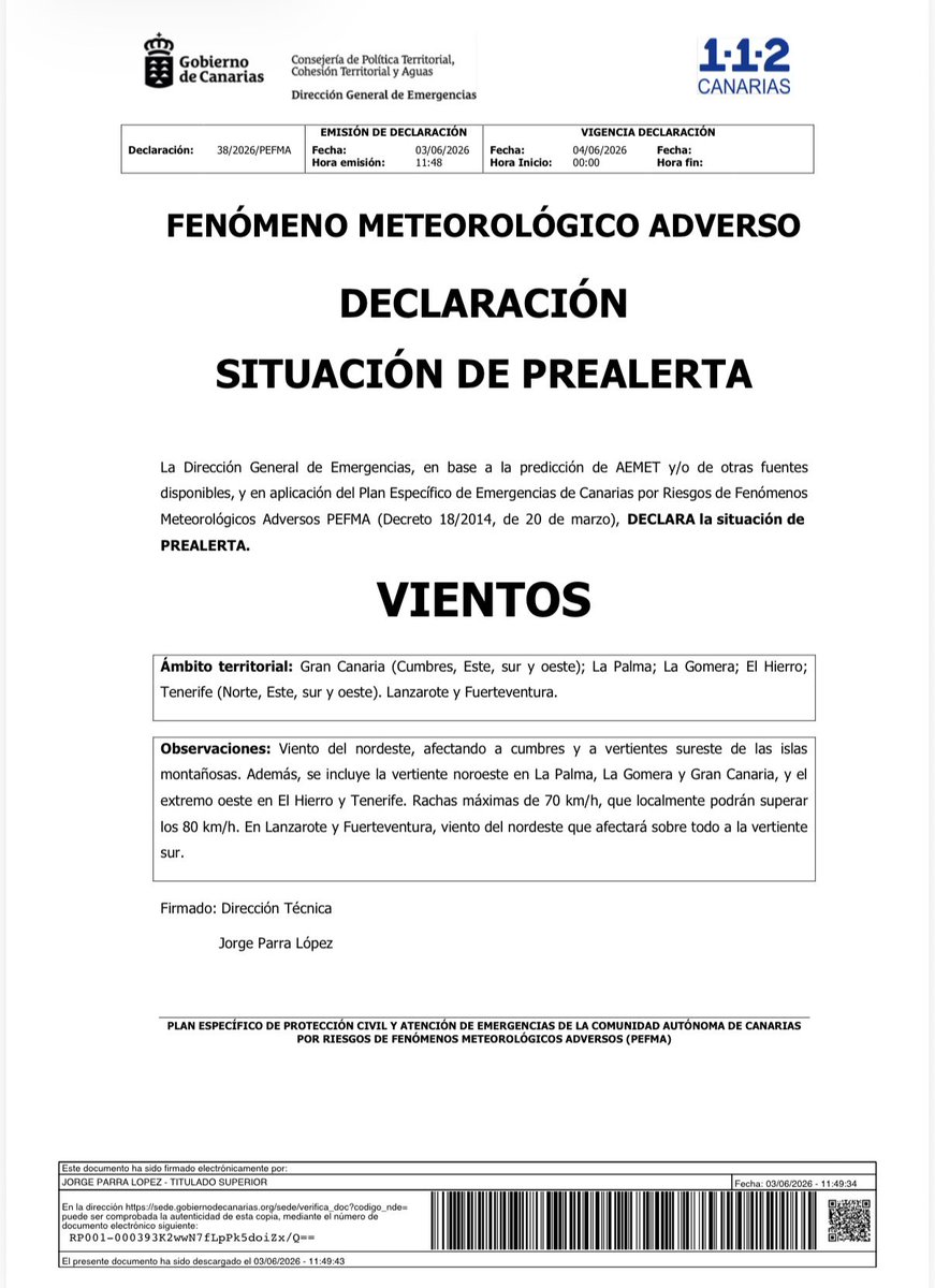 CECOPALSC's tweet photo. 🇮🇨 El Gobierno de Canarias, a través de la Dirección General de Emergencias, ha declarado la situación de prealerta por vientos a partir de las 00:00 horas de este jueves, 4 de junio 🗓️ @santacruz_ayto https://t.co/ffhLazF7uY