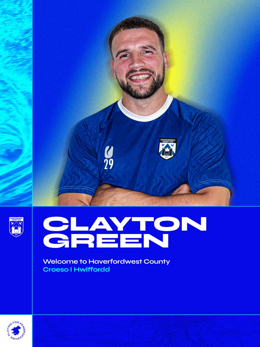 HaverfordwestFC's tweet photo. Haverfordwest County AFC are delighted to announce the signing of midfielder Clayton Green, who will be joining the club on a two-year contract ahead of the 2026-27 season! ✅✍️

Croeso i Hwlffordd, Clayton! 💙

📲 https://t.co/hDcyuV7Tqu

#PlayingForPembrokeshire https://t.co/h2DHkN46BA
