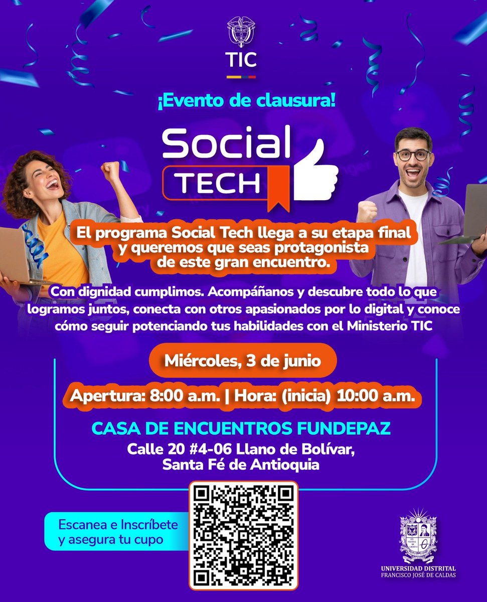 TalentoDigCol's tweet photo. ¡Llegó el momento de vernos! ⚡ El gran cierre de #SocialTech es hoy 3 de junio en Santa Fe de Antioquia. 

Ven a compartir los frutos de este proceso y conoce cómo sigue tu camino con el @Ministerio_TIC. 💼✨

Tu participación es clave para cerrar este ciclo con broche de oro. https://t.co/RU2JhKcB53