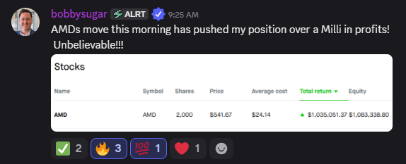 EnhancedMarket's tweet photo. A MILLION DOLLAR PROFIT ON $AMD 

50K to 1 MILLION !!!! https://t.co/NsQBpJXw7d