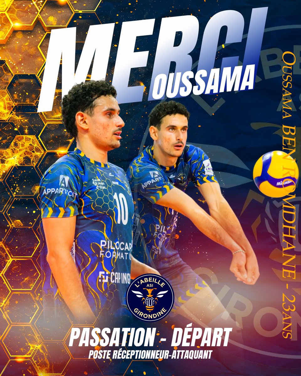 ASIVB's tweet photo. 🤝 𝗣𝗔𝗦𝗦𝗔𝗧𝗜𝗢𝗡 – 𝗗É𝗣𝗔𝗥𝗧

Après 2 saisons sous les couleurs des Soldats, Oussama Ben Romdhane quitte l’Abeille Girondine ASI.

🙏 Merci pour ton talent, ton engagement et toutes les émotions offertes.

👏 Bonne route pour la suite, Oussama ! 💙⚔️ https://t.co/N1q7WspzWt
