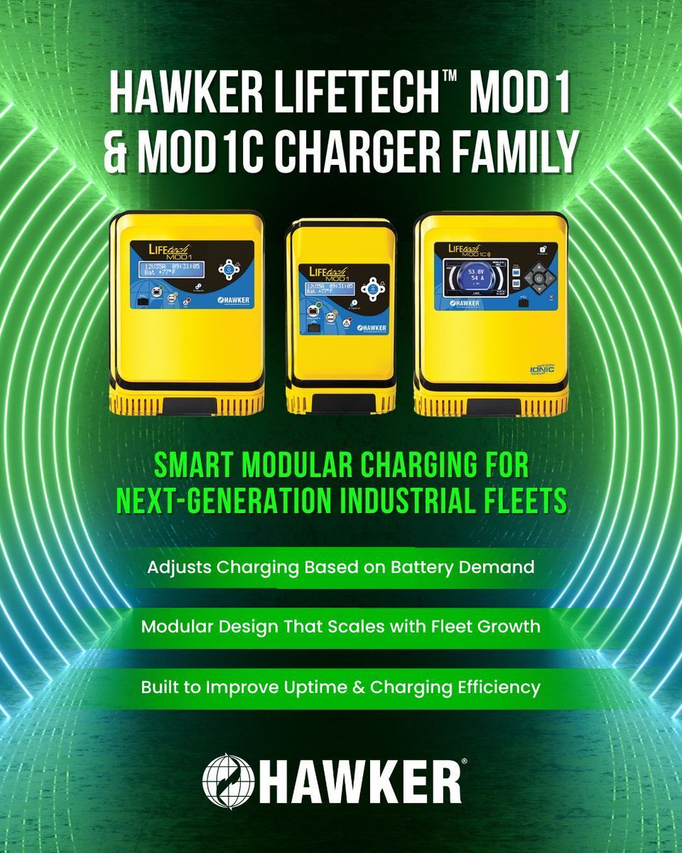 HPowersource's tweet photo. Stop outgrowing your infrastructure. 

The HAWKER LifeTech™ MOD1 is built for the warehouse in motion. It automatically adjusts to battery demand and uses a modular design that scales as your fleet expands.

🌐 Learn more: https://t.co/vu6GQYMuYe https://t.co/tMgF08gHqD
