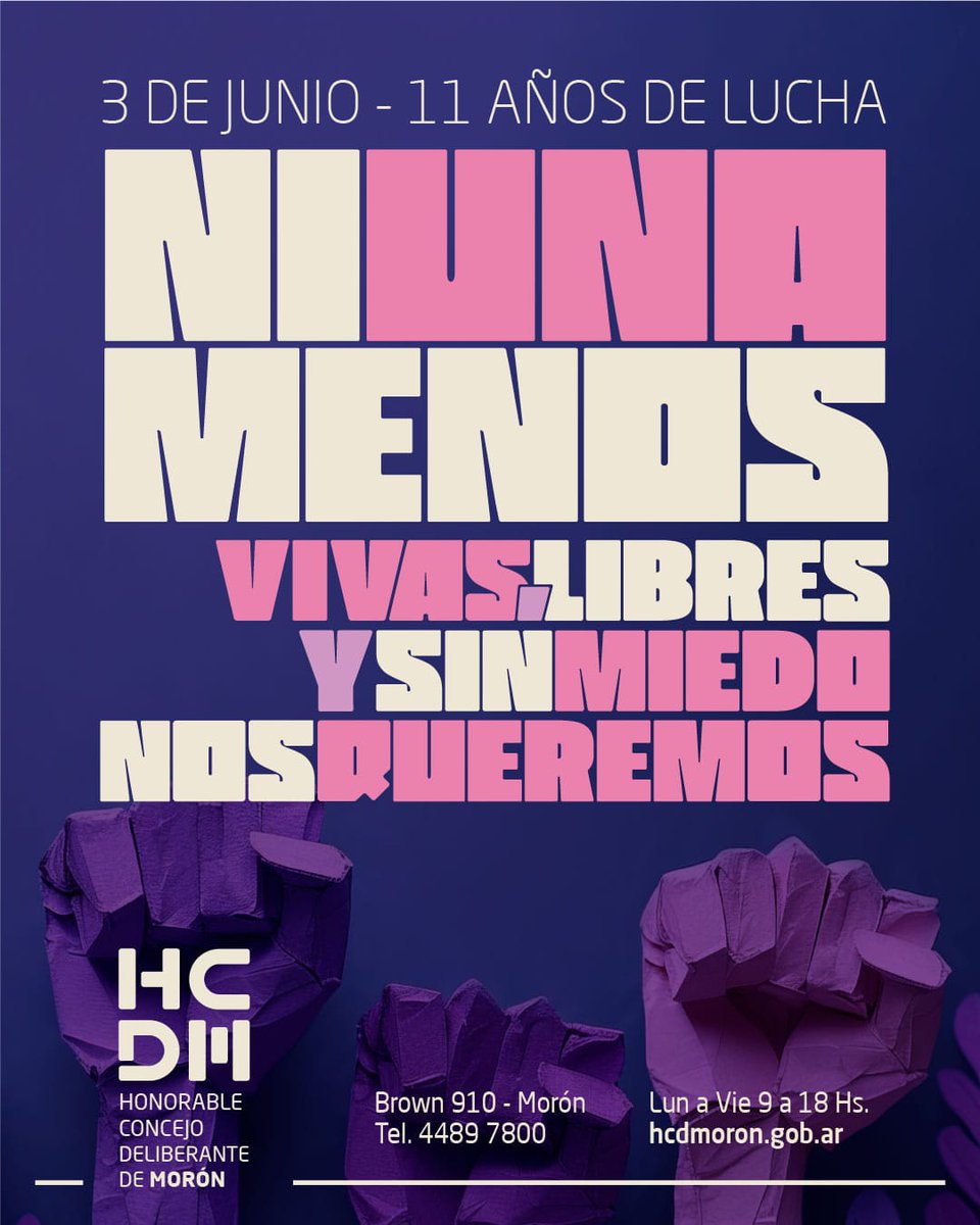 hcd_moron's tweet photo. A 11 años de la primera marcha #NiUnaMenos, reafirmamos el compromiso de seguir construyendo una sociedad libre de violencias por motivos de género.

#NiUnaMenos #11AñosNiUnaMenos https://t.co/TUYf5CgM15