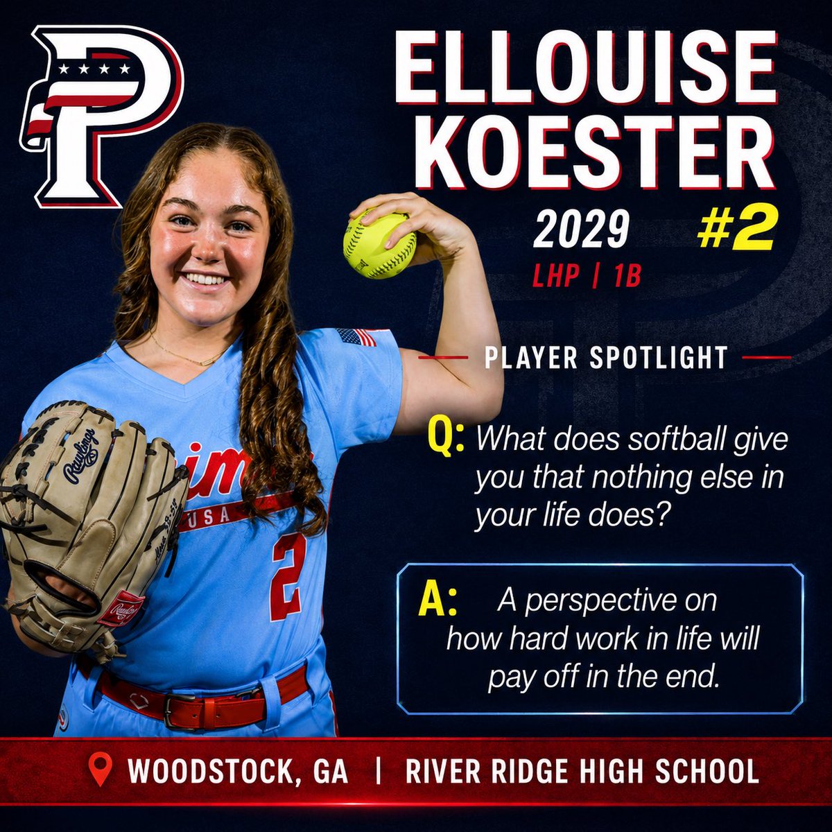 PrimeHalstead's tweet photo. Summer Tour Countdown continues today!🎉

In honor of the fact that we have 2 days left until we start our summer schedule, today we recognize our own #2 Ellouise Koester!

Ellouise, better known to us as "Weezie," "Weez," "The Weez," or "Jungle Cat" 🐈, is a 2029 LHP/1B that has been one of the best pitchers in the 2029 age group for several years now as a member of USA Prime National.  Weez keeps hitters off balance with an arsenal of change, rise, fastball, and one of the best curveballs in the age division that she can throw to various levels and at various speeds.  She has a very mature presence in the circle ⭕️, which has likely developed from pitching big game after big game, much like she had to do last summer at PGF Nationals in California, where she pitched 5 GAMES in a row to lead our team into the PGF National Championship game. As a teammate, Weez has a heart of gold 💛 and absolutely loves both just hanging out with her teammates as well as competing alongside them every weekend to work towards the common goal of winning championships.  Like the other pitchers on our team, Weez is considered mostly a quiet kid with a business-like approach in the circle, but her teammates both love and respect her maturity and fun spirit and look to her as a calming presence when things get tough on the field.  When Weez isn't cooking in the circle and pouncing on come-backers like a Himalayan Snow Leopard, you can find her cooking up some amazing eats with her sisters on their homemade show "Cooking with Weezie."👩‍🍳 Although we would all love to try some of Weezie's culinary creations 🍲, we'd much rather watch her make hitters look silly on the weekends playing in a USA Prime uniform. 🇺🇸 Weezie's unhittable arsenal, calming presence on the field, and unmatched consistency in the circle are a few of the reasons why she will be playing high level softball on a college field one day!!! 💪💪💪‼️‼️‼️

Ellouise Koester | LHP/1B @EllouiseKoester 
Ranked #23 Nationally in 2026 by Line Drive Media @LineDsoftball @PrimeNatSftball @USAPrimeNat