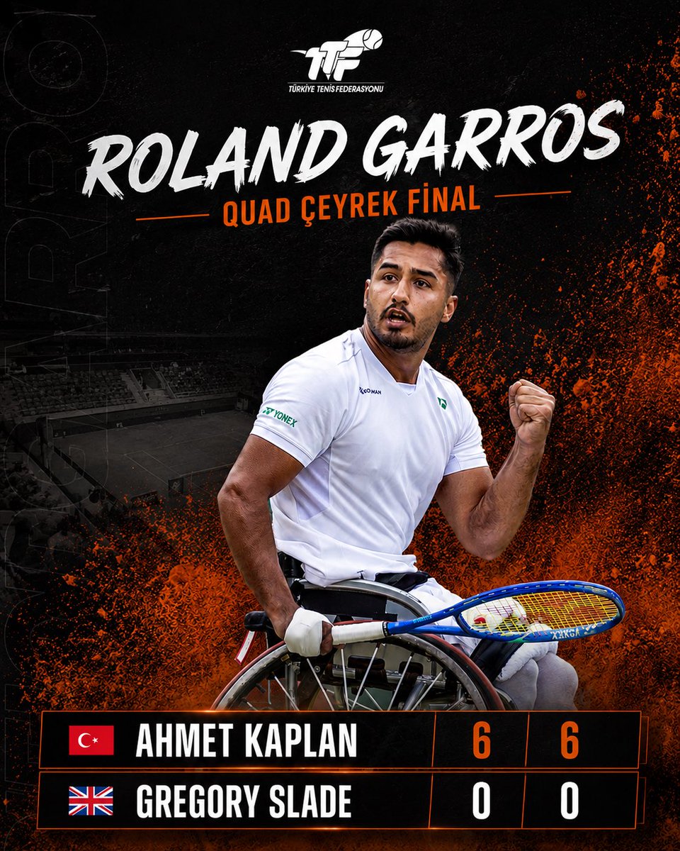 TTForgtr's tweet photo. Ahmet Kaplan Roland Garros’ta Yarı Finalde! 🇹🇷

Milli tenisçimiz Ahmet Kaplan, Roland Garros Quad kategorisi çeyrek finalinde Büyük Britanyalı rakibi Gregory Slade’i 6-0, 6-0 mağlup ederek yarı finale yükseldi.

Maç boyunca üstün bir performans sergileyen Ahmet Kaplan, rakibine oyun şansı tanımadan korttan galibiyetle ayrıldı ve Roland Garros’ta son dört arasına adını yazdırdı.

🎾 Ahmet yarı finalde S.Schroder-GE.Lazarte maçının galibiyle karşılaşacak.