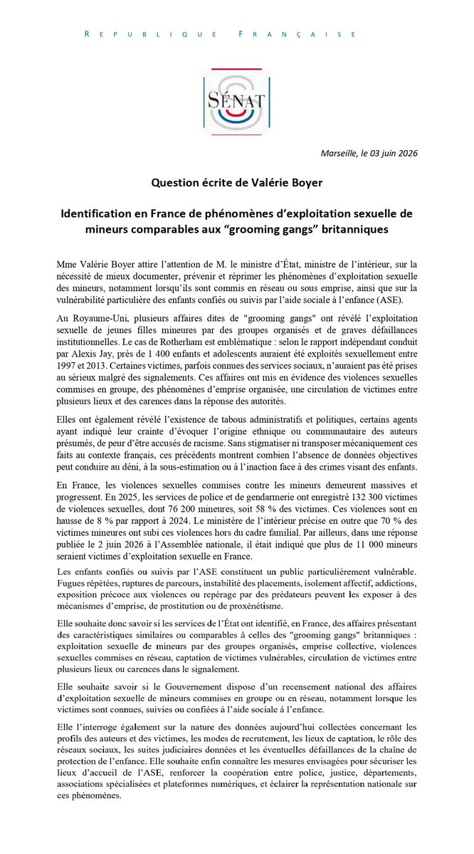 valerieboyer13's tweet photo. Au Royaume-Uni, les affaires de "grooming gangs" ont révélé l’exploitation sexuelle de milliers de mineures et de graves défaillances institutionnelles. J’interroge le Gouvernement. Protéger les enfants impose de regarder la réalité en face, sans tabou, sans déni, sans faiblesse https://t.co/UCma6tPdZa