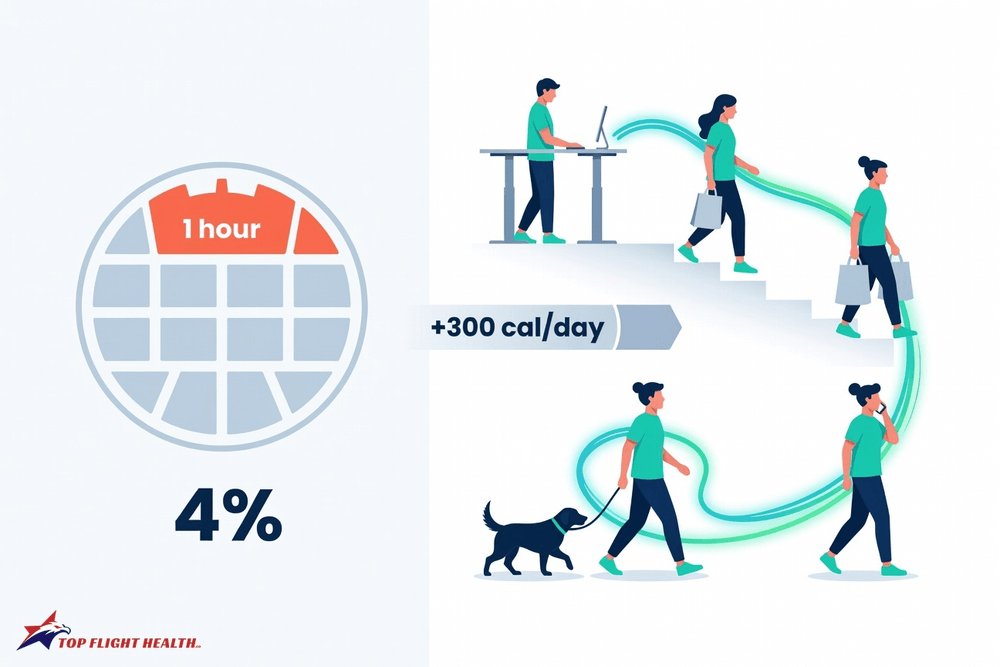 peterkoruga's tweet photo. Your workout is 4% of your week.

The other 96% is NEAT — standing, walking, fidgeting, taking stairs.

Lean people in the same jobs sit ~2.5 hours LESS per day.
Just adding that movement back burns ~300 cal/day.

The gym builds strength.
The rest of your life builds the body.

#NEAT #metabolism #weightloss #longevity #topflighthealth