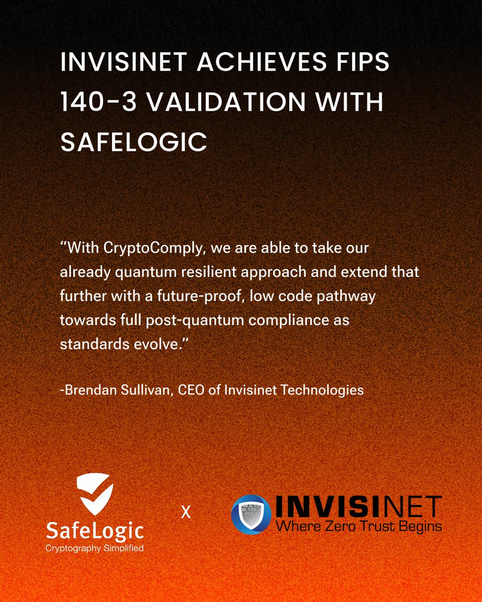 SafeLogic's tweet photo. Congratulations to Invisinet Technologies on achieving FIPS 140-3 validation for the Invisinet Cryptographic Module!

SafeLogic is proud to support Invisinet’s secure, compliant Zero Trust solutions for enterprise, government, and critical infrastructure environments. https://t.co/TF5ZRnH8Wt