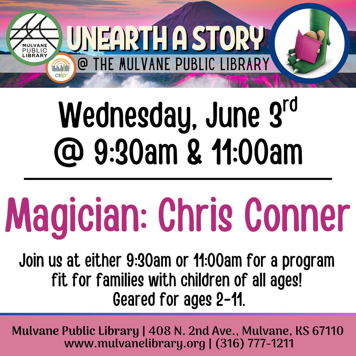 MulvaneLib's tweet photo. Join us TODAY at 9:30am &amp; 11am for our Summertime Series! This week we are excited to welcome Magician Chris Conner to the Library! This program is fit for families with children of all ages (geared for ages 2-11). We can't wait to see you! https://t.co/LeUwfQeqNS
