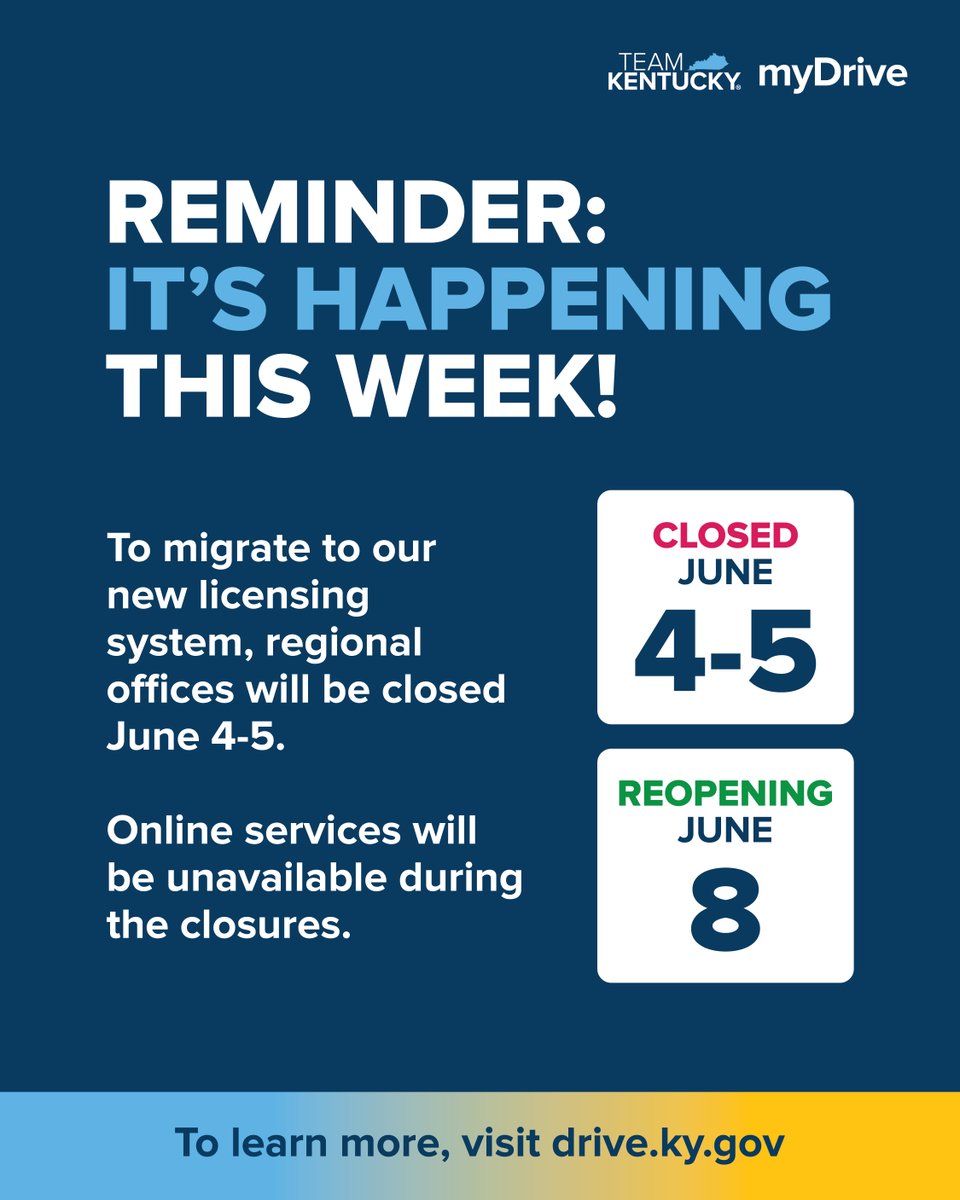 REALIDKy's tweet photo. Friendly reminder that regional offices will be closed June 4-5 as we transition to our new licensing system. 

Online services will also be unavailable. Offices reopen &amp; new myDrive services launch June 8. 

Learn more at https://t.co/s4bQu3gqyY
 
#myDrive #NextLevelLicensing https://t.co/6i220oJRsn