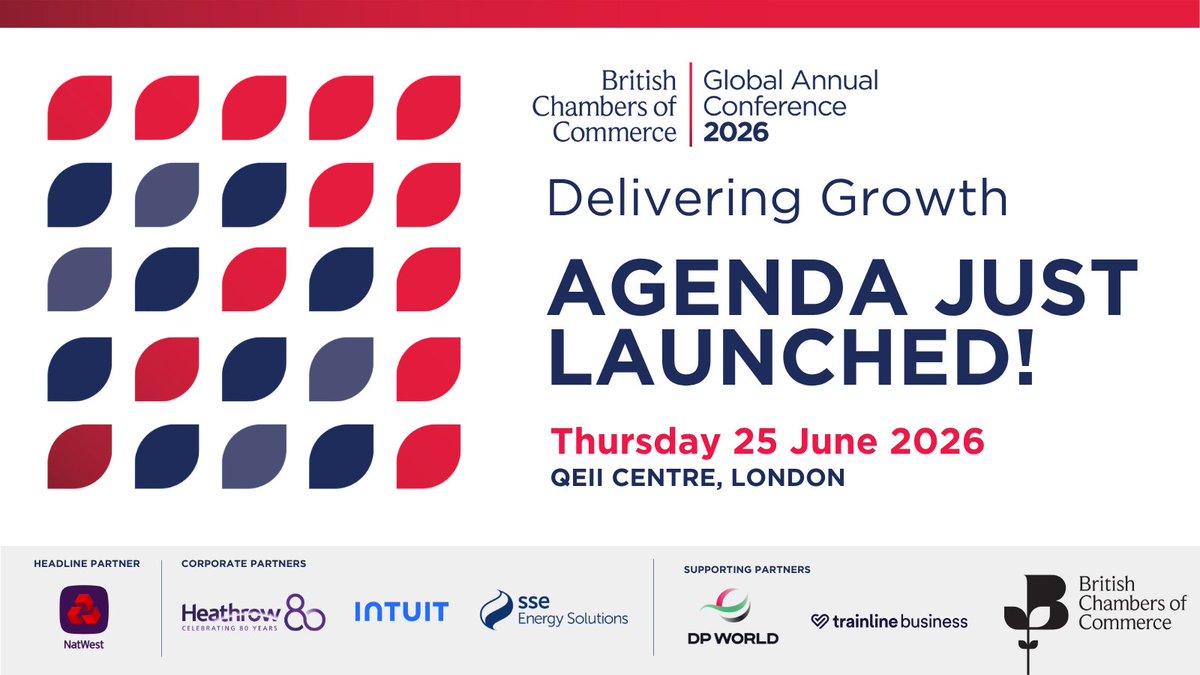 britishchambers's tweet photo. 🫵 Stop everything: the Global Annual Conference 2026 agenda has just dropped!

📍 25 June | QEII Centre, Westminster
👀 Take a look: https://t.co/PeUWIFfJlC

Under the theme Delivering Growth, we’ll bring together senior political leaders, business executives, innovators and Chamber leaders to explore the policies, partnerships and investment needed to unlock sustainable growth across the UK and globally.

🎤 Keynote speakers include senior figures from across the UK political spectrum, alongside leading voices from business and industry including @NatWestBusiness, @Intuit, @HeathrowAirport, @SSE and @KingsTrust.

Plus breakout sessions on the big drivers of future growth:

🤖 AI adoption
🌍 Trade
🔗 Supply chains
🎓 Skills
🏗️ Infrastructure investment
📈 Long-term growth

#WhereBusinessBelongs #DeliveringGrowth #EconomicGrowth #UKBusiness
