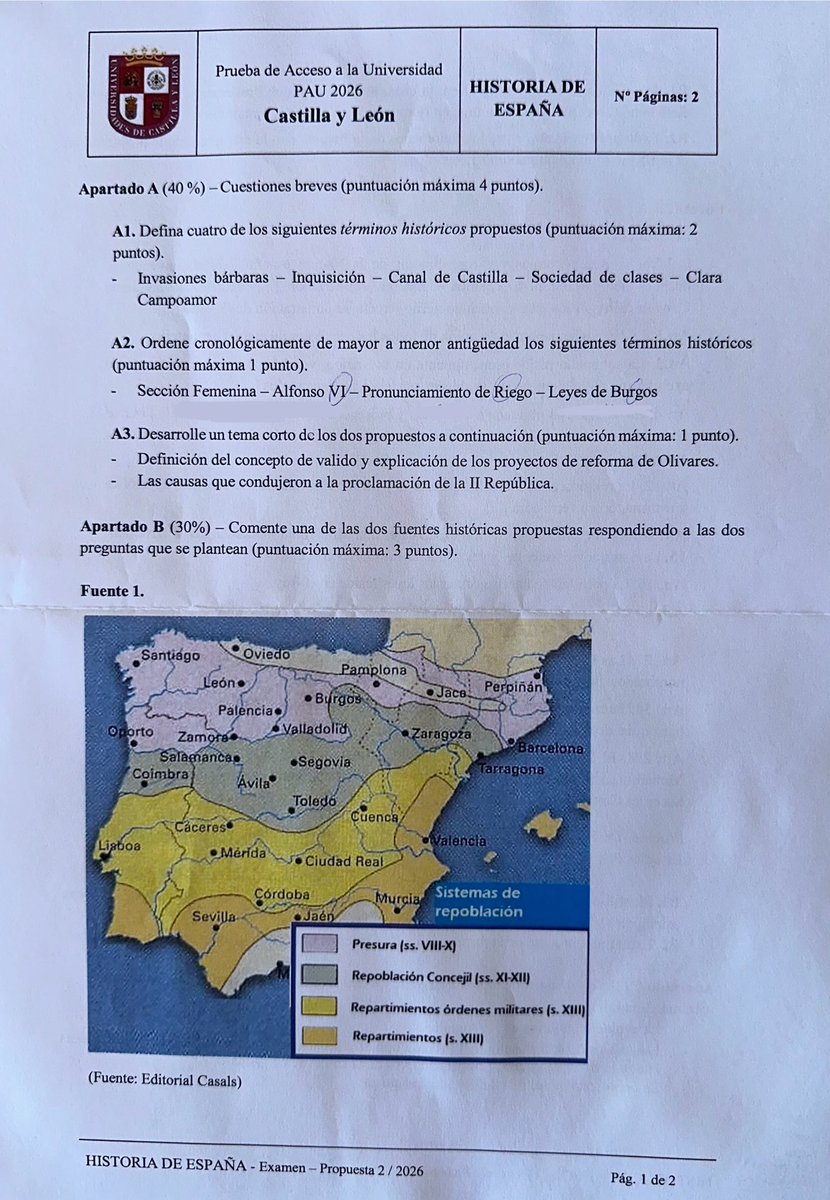 undim_11's tweet photo. Este ha sido el examen de PAU 2026 de Historia de España de Castilla y Leon 

#pau #cyl #selectividad #universidad #examenpau https://t.co/AgirZessPp