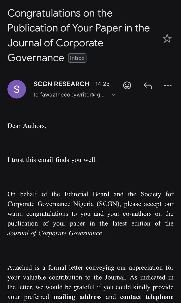 OshatimiDavid's tweet photo. The work that keeps giving 😂🔥, happy to share that once again my work with my bro @adediran_fawaz has been accepted into the Journal of Corporate by the Society for Corporate governance, it really just started from a random convo at Carwash in Bwari with my guys but getting…… https://t.co/uVoag5hksS