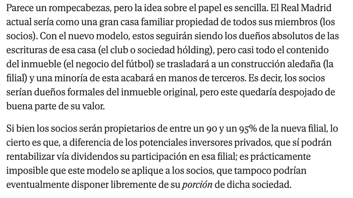 ottoreuss's tweet photo. Si te interesa/preocupa que Florentino Pérez meta capital privado al RM, esta metáfora de @elmundoes es la q mejor lo resume:

- Crea una filial dentro del RM
- Traspasa a la filial gran parte del negocio del club
- Vende el 5-10% de la filial a inversores https://t.co/Qf33m3B2SW https://t.co/6v6NTydTKb