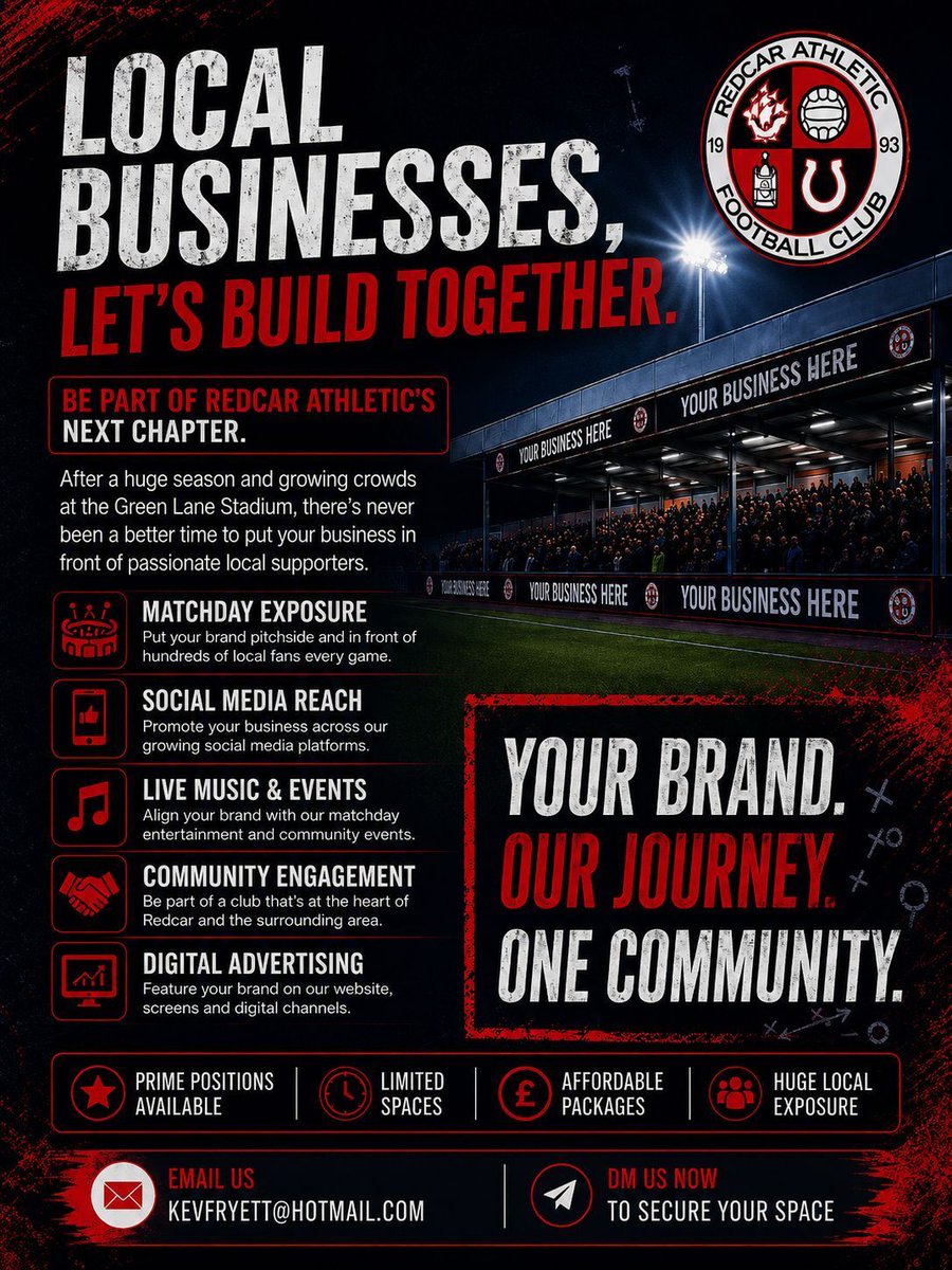 redcarathleticf's tweet photo. Do you want to, or know of someone who wants to be a part of our first season in Step 3?

Contact Kev Fryett via the email provided, or drop us a DM to find out more about our affordable packages, and etch your brand into what will be another historical Steelmen season

#UTS https://t.co/BGKeT99gsU