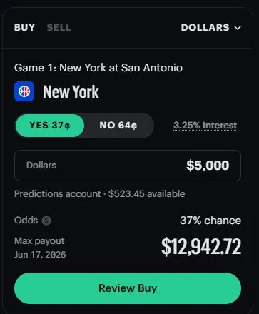 probaaron's tweet photo. love the concept, just feels a bit staged
$5k in, $12.9k out, taken at 37c after fees

did @Kalshi have a hand in it? great PR, and "hedging" makes a sports bet read more like insurance than gambling

fwiw, $5k pays $13.9k on @Novig, why not hedge there?
https://t.co/VYeHbijBTb https://t.co/m4Y3pOXs2d