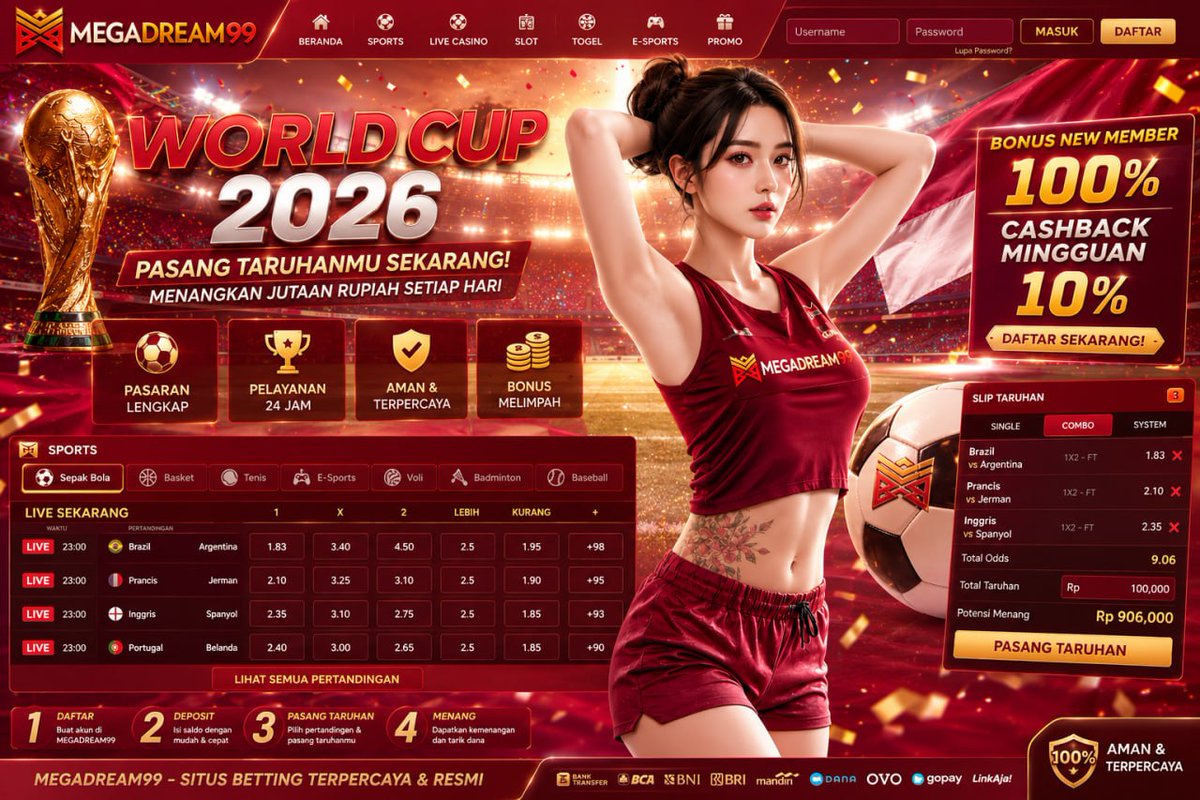 Sisgstez's tweet photo. 𝐅𝐈𝐅𝐀 𝐖𝐨𝐫𝐥𝐝 𝐂𝐮𝐩 2026 𝐀𝐊𝐀𝐍  𝐒𝐄𝐆𝐄𝐑𝐀 𝐃𝐈𝐌𝐔𝐋𝐀𝐈⚽️ 

Saatnya dukung tim favoritmu dan rasakan euforia sepak bola terbesar di dunia! 🔥

Link login : https://t.co/MJgMysODkS

#DiplomasiAktifIndonesia #pialadunia2026 #megadream99 #Worldcup https://t.co/KuTz2onYCz