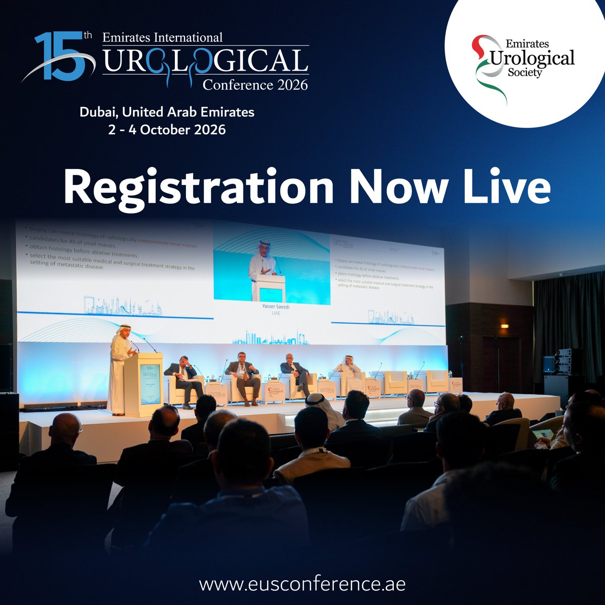 EUSC2026's tweet photo. 🔔 Registrations Now Live | #EUSC2026 

Join the 15th Emirates International Urological Conference ~ A milestone edition bringing together global experts across robotic, oncological &amp; advanced urology! 

🎟️ Secure your spot today: 
https://t.co/RK8TqcSeeS https://t.co/zroxK0vkOE