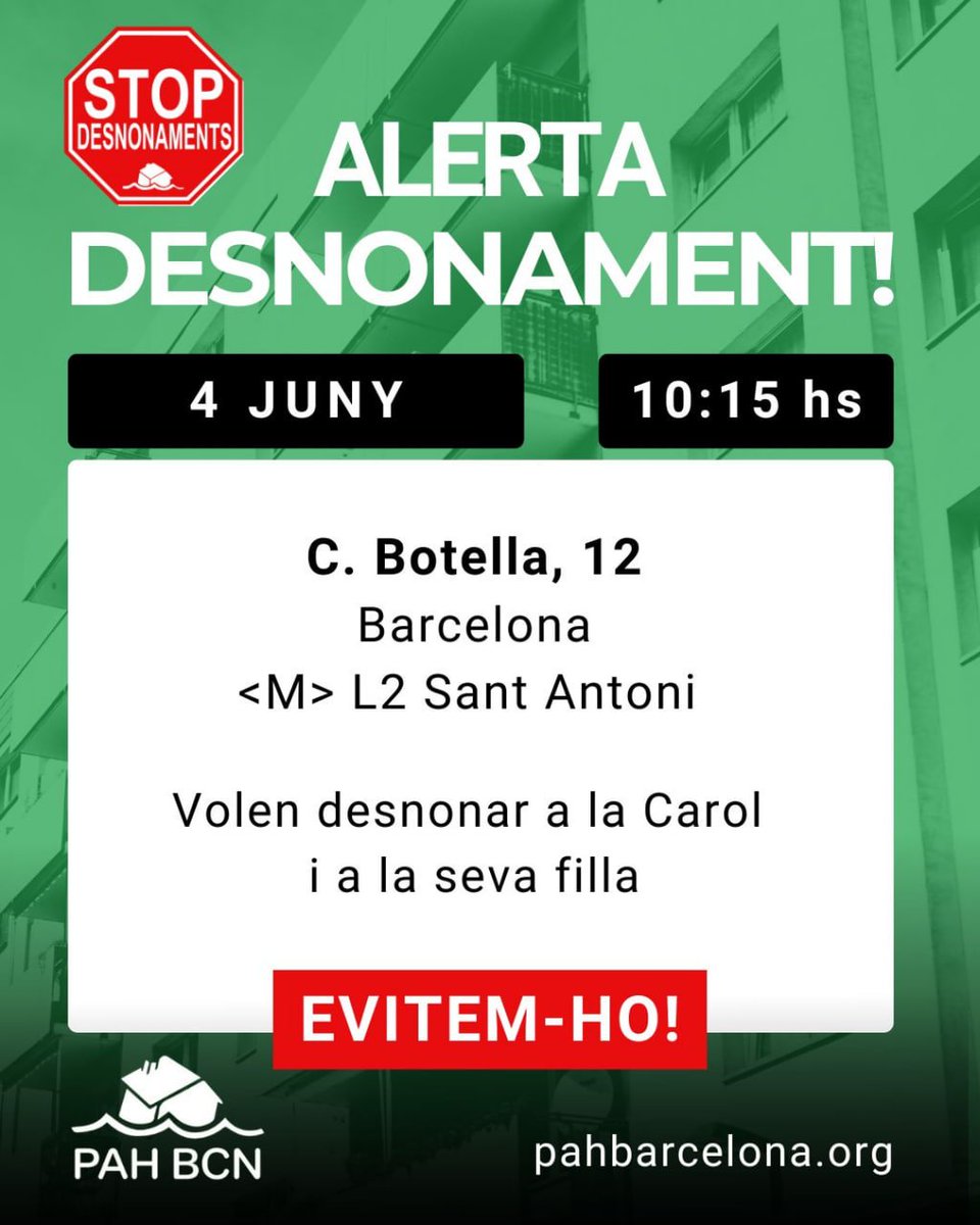 PAH_BCN's tweet photo. 🚨ALERTA canvi d'hora🚨

📅  Dijous 4 
⏰  10:15 hs
#StopDesnonaments https://t.co/ge9VbyCw7f