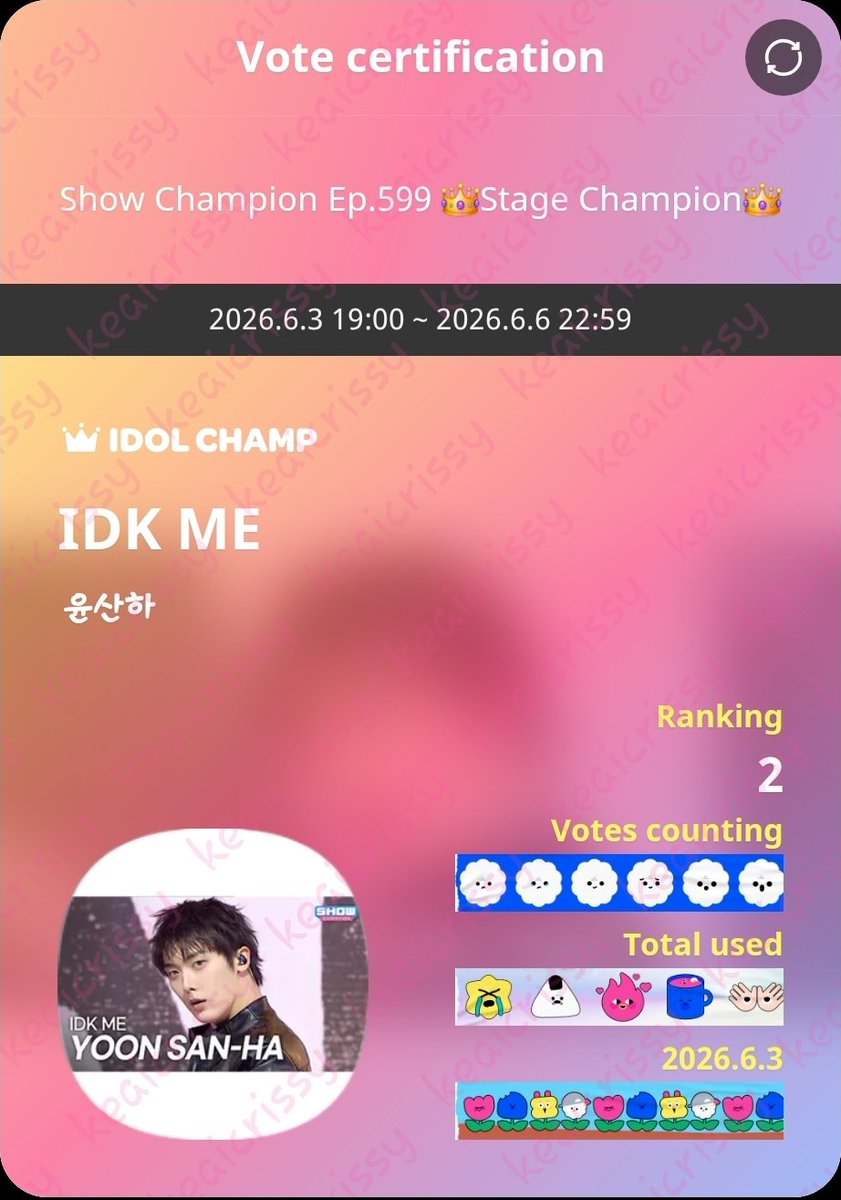 keaicrissy's tweet photo. Time to release the voting monsters in us #AROHA for #YOONSANHA 💪 Let's all vote for #IDK_ME ⬇️

IDOLCHAMP 아이돌챔프
IDK ME 윤산하 투표 완료🗳️
https://t.co/d2DpiyacQn

#ASTRO @YOONSANHA_offcl https://t.co/NKaRIvprdD