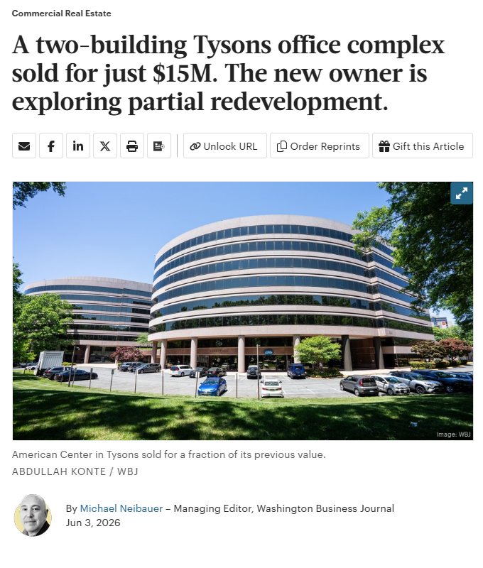 ssurovell's tweet photo. This Tyson's Office complex just sold for $15M which is 87% less than its price of $120M in 2016 - the Fairfax County commercial office market is not healthy and we need a real plan to grow tax revenue in Fairfax County with something other than commercial real estate https://t.co/3hWlBHkb3f