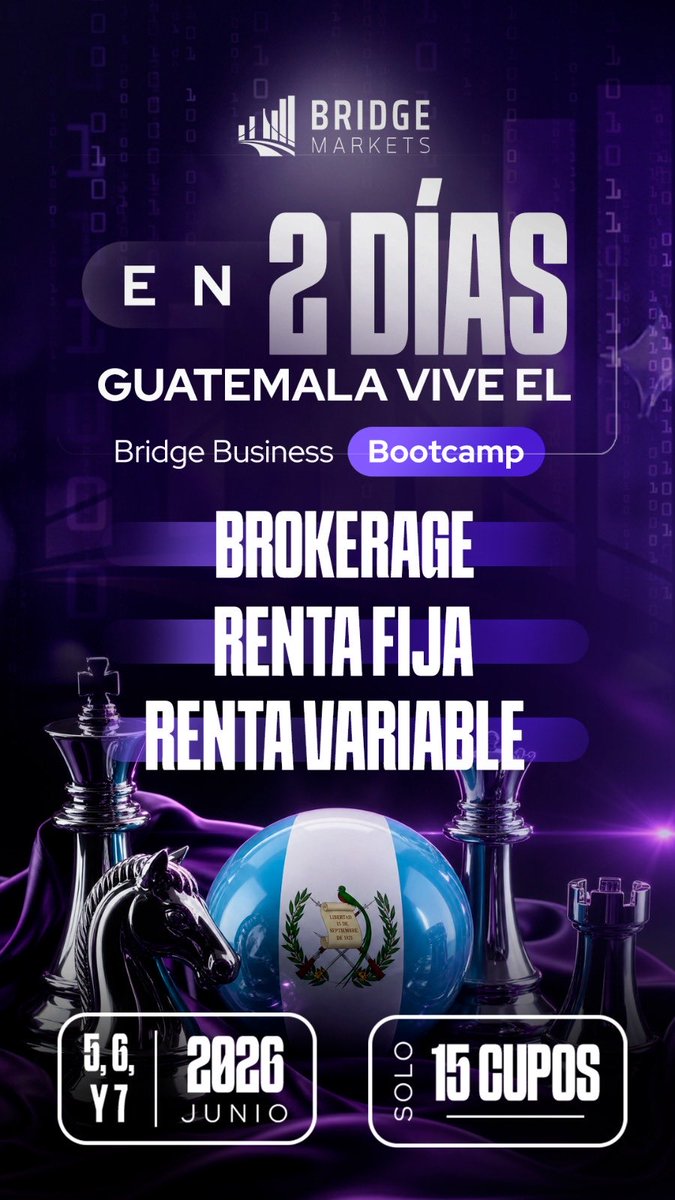 Bridgemarketsof's tweet photo. Faltan solo 2 días.

Guatemala se prepara para vivir el Bridge Business Bootcamp 2026.

3 días de aprendizaje, networking y oportunidades en Brokerage, Renta Fija y Renta Variable.

Solo 15 cupos disponibles.

#BridgeMarkets #Trading #Inversiones https://t.co/QZQqaxTll6